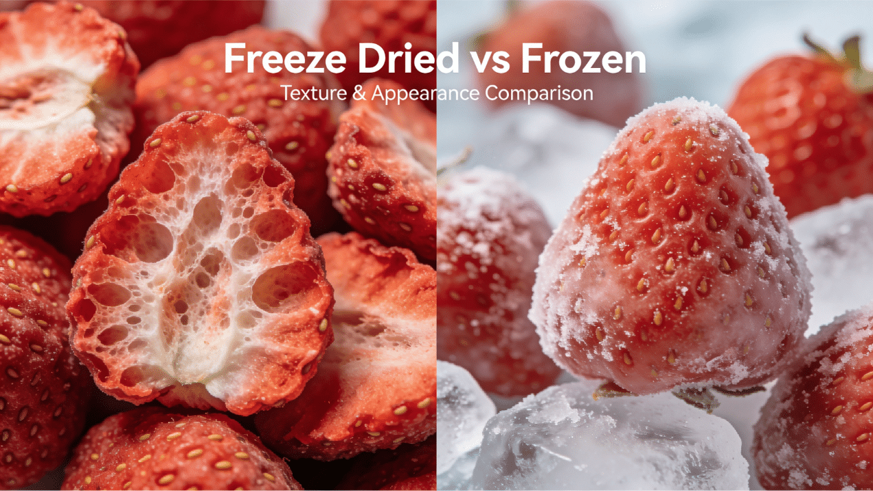 A closeup of a frozen strawberry.