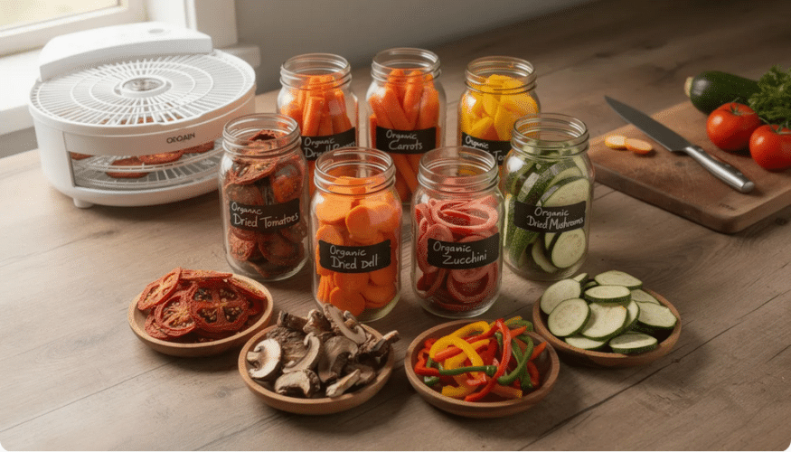 The image showcases a variety of colorful organic dried vegetables, including carrots and onions, displayed attractively in jars. These nutritious dehydrated vegetables are perfect for enhancing soups, stews, and casseroles, offering a long shelf life and a healthy addition to any pantry.