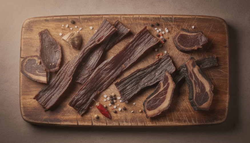 The image features an assortment of cured meats, including beef jerky strips and biltong pieces, elegantly arranged on a rustic wooden cutting board, showcasing their rich flavors and quality. This convenient protein-packed snack highlights the taste of small batch preparations, perfect for any time of year.