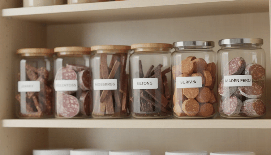 The image features an organized pantry displaying various cured meats, including sliced pork and chicken, stored in glass containers. The neatly arranged jars highlight the quality and flavor of these small batch dried meats, offering a convenient source of protein for cooking.