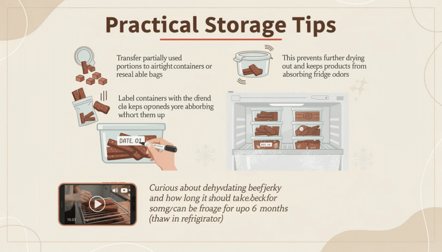 The image depicts practical storage tips for cured meats, showcasing airtight containers and resealable bags used to store partially opened portions, preventing them from drying out and absorbing odors. Labels with the date opened are visible, emphasizing the importance of tracking freshness for optimal taste and quality.