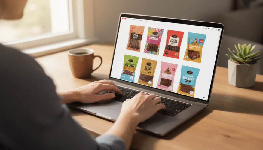 A person is shopping on a laptop, viewing a selection of packages featuring cured meats such as pork and chicken, with visible cart sale prices. The screen showcases options for high-quality, small-batch proteins that are convenient for cooking, emphasizing flavors and taste.