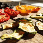 Dried vegetables on a wooden table.
