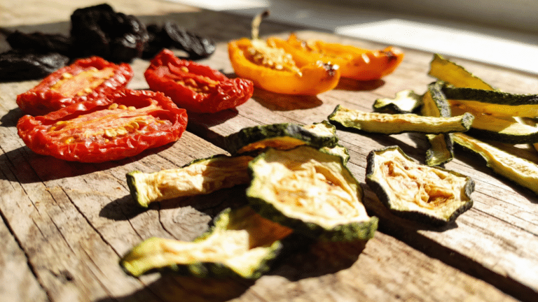Dried vegetables on a wooden table.