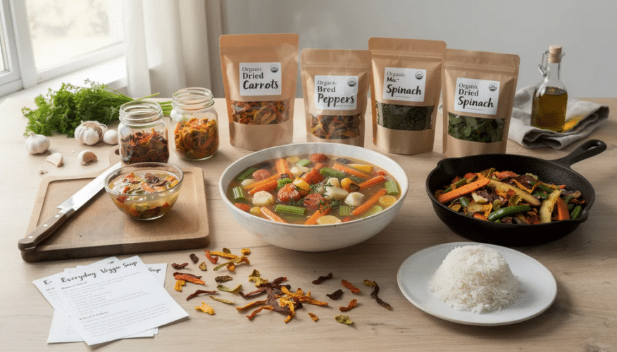 The image shows a variety of organic dried vegetables, including carrots and onions, displayed in a rustic kitchen setting. These dehydrated vegetables, perfect for adding nutritional value to soups, stews, and casseroles, emphasize a healthy lifestyle and long shelf life for convenient cooking.