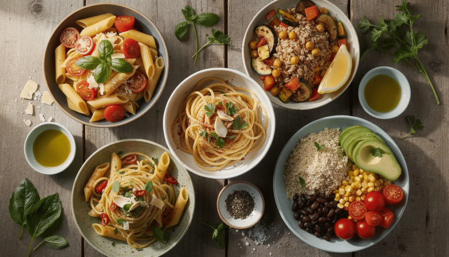 The image features a vibrant assortment of pasta and grain bowls filled with colorful dehydrated vegetables, such as carrots and onions, showcasing a healthy lifestyle and nutritious meal options. These organic dried ingredients are perfect for creating delicious soups, stews, and casseroles, offering long shelf life and high nutritional value for emergency preparedness or everyday cooking.