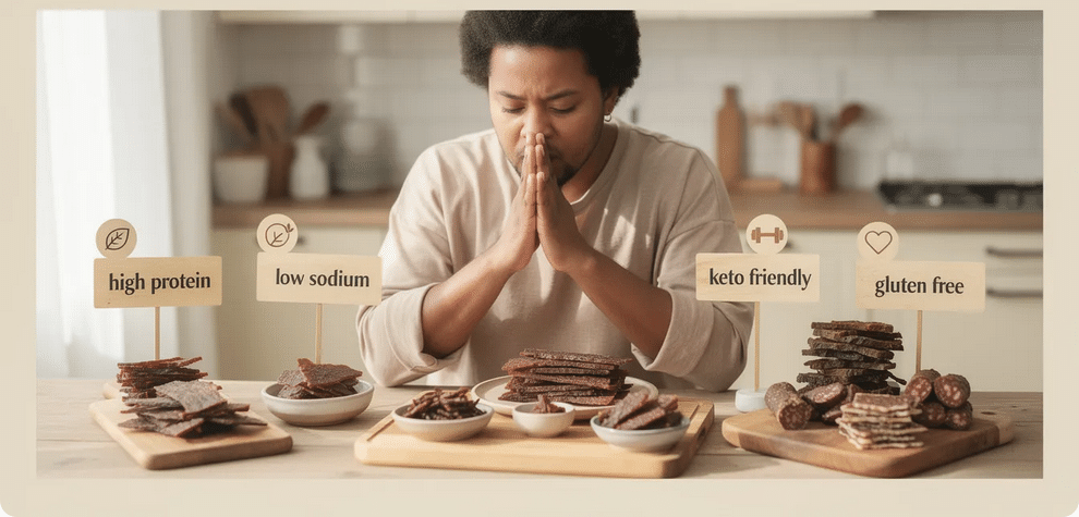 The image depicts a selection of high-quality cured meats, including sliced pork and chicken, arranged enticingly to showcase their rich flavors and textures. The background features a cart with a sale price tag, emphasizing the convenience of finding the perfect dry meat that matches various dietary preferences and cooking needs.