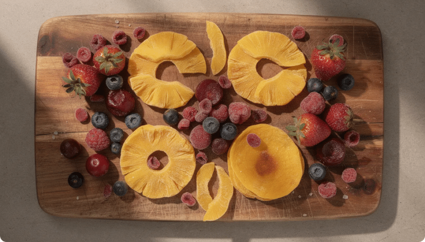 A vibrant assortment of soft dried tropical fruits, including chewy mango slices, sweet pineapple rings, and mixed berries, is beautifully arranged on a rustic wooden cutting board, showcasing a delightful snacking option for fruit lovers.