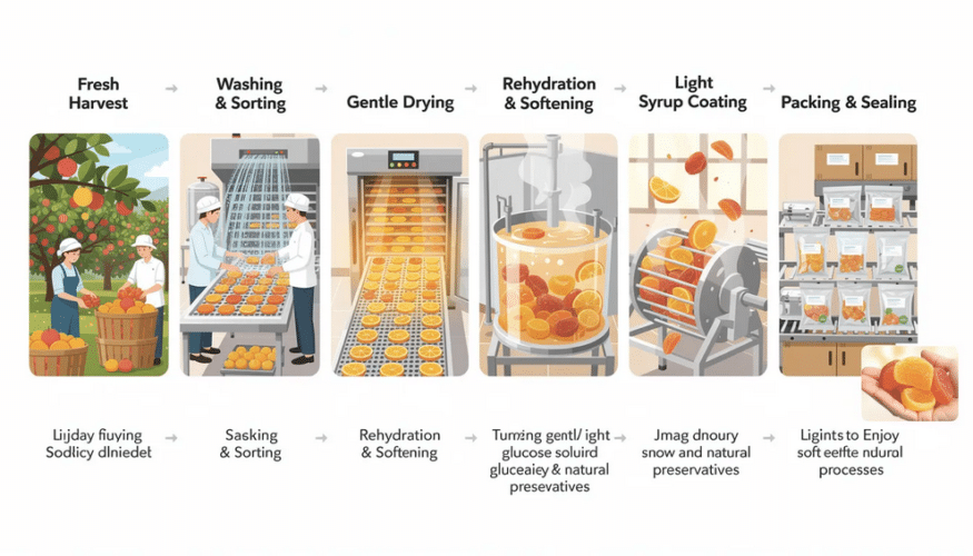 The image illustrates the process of making soft dry fruits, showcasing various fruits like apples, mangoes, and pineapples being freeze-dried to retain their delicious flavor and chewy texture. This method enhances the sweetness and fiber content, making them perfect for snacking or as a delightful addition to desserts.