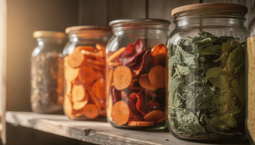 The image features glass jars filled with an assortment of colorful dehydrated vegetables, including vibrant orange carrot slices, red pepper pieces, and green spinach flakes, all neatly arranged on a rustic wooden shelf. These organic dried vegetables are ideal for enhancing the nutritional value of soups, stews, and sauces, making them a delicious addition to a healthy lifestyle.