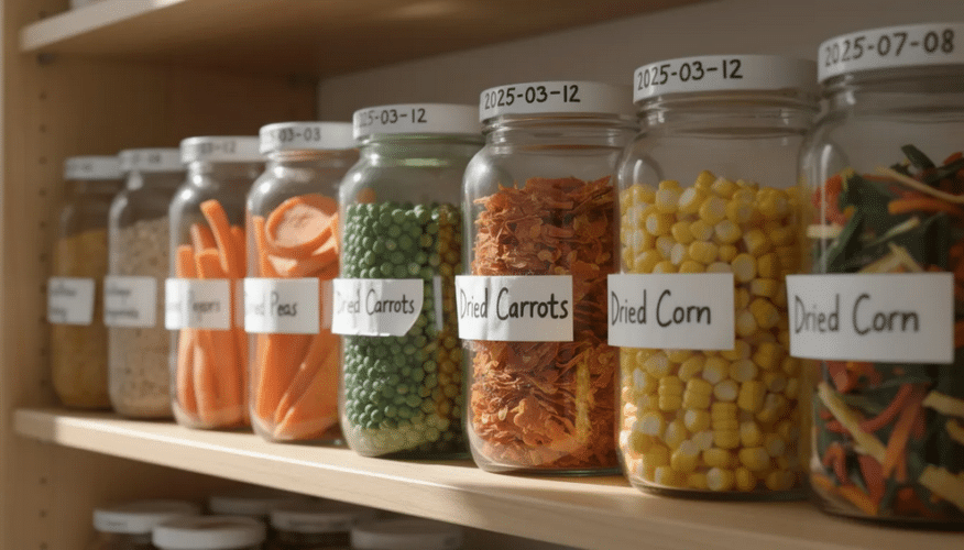 An organized pantry shelf displays labeled glass jars filled with various dehydrated vegetables, such as carrots and onions, each marked with dates on the lids for easy tracking. This setup promotes a healthy lifestyle by offering nutritious, organic dried produce that is ideal for cooking soups, stews, and sauces, ensuring long shelf life and convenience for meal preparation.