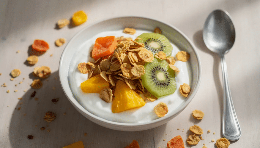 A breakfast bowl filled with creamy yogurt is topped with crunchy granola and vibrant pieces of soft dried tropical fruits, including sweet mangoes and chewy pineapples, creating a delicious and nutritious start to the day.