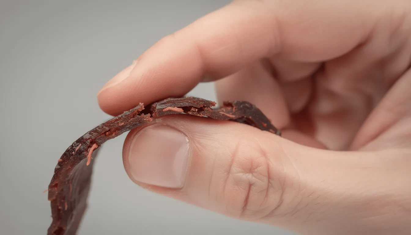A close-up image shows a hand bending a strip of homemade beef jerky, revealing slight cracks on its surface, indicating the drying process. The jerky, made from marinated beef strips, showcases a rich texture that suggests a flavorful beef jerky recipe.