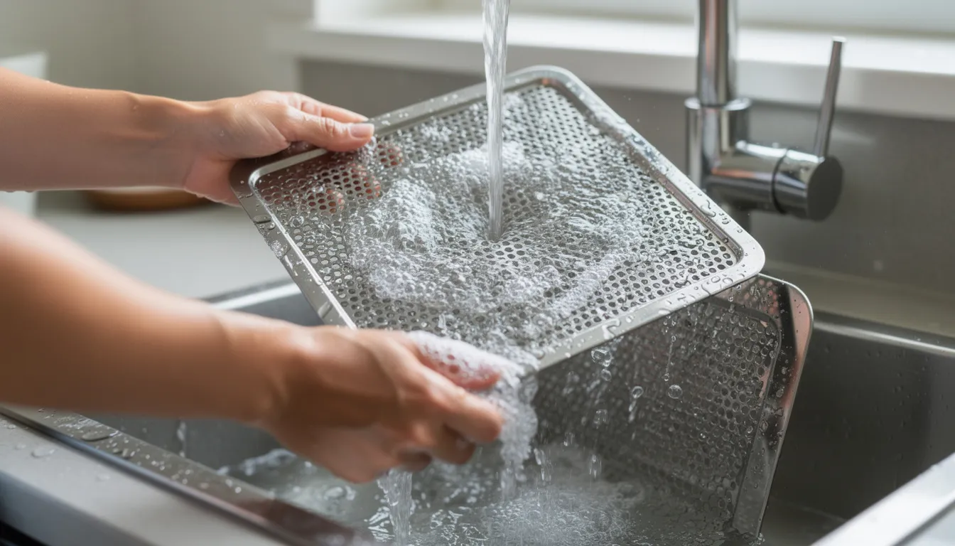 A close-up image shows hands washing stainless steel trays from an 8 tray dehydrator under running water in a kitchen sink, highlighting the durable and easy-to-clean design of the food dehydrator. The stainless steel trays are essential for drying fruits, vegetables, and homemade jerky, making nutritious snacks with even heat distribution.