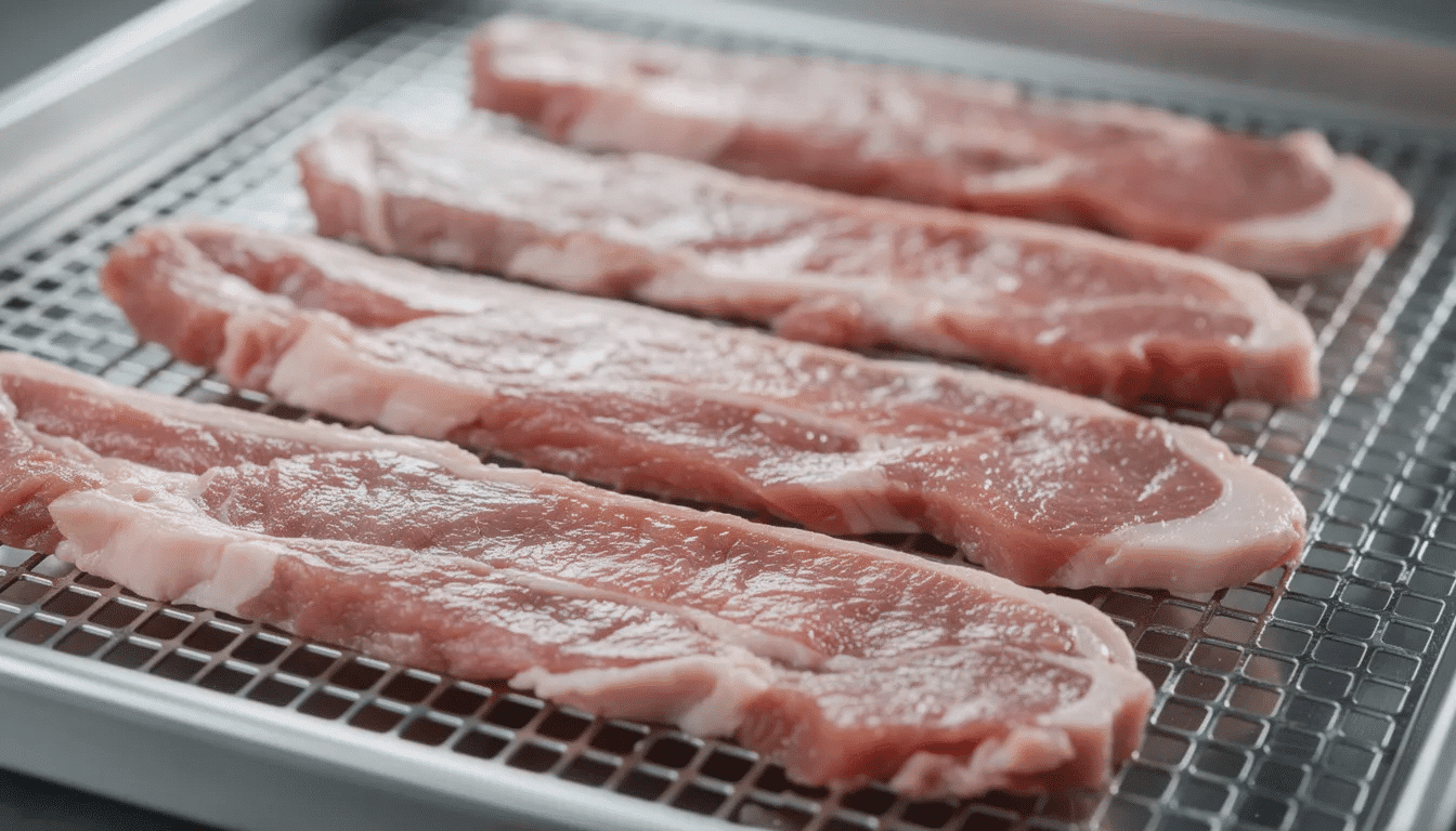 A close-up view of raw meat strips arranged neatly on stainless steel dehydrator trays, ready for the dehydration process to create homemade beef jerky. The strips are positioned in a single layer to allow for even drying, ensuring a chewy texture and shelf-stable product.