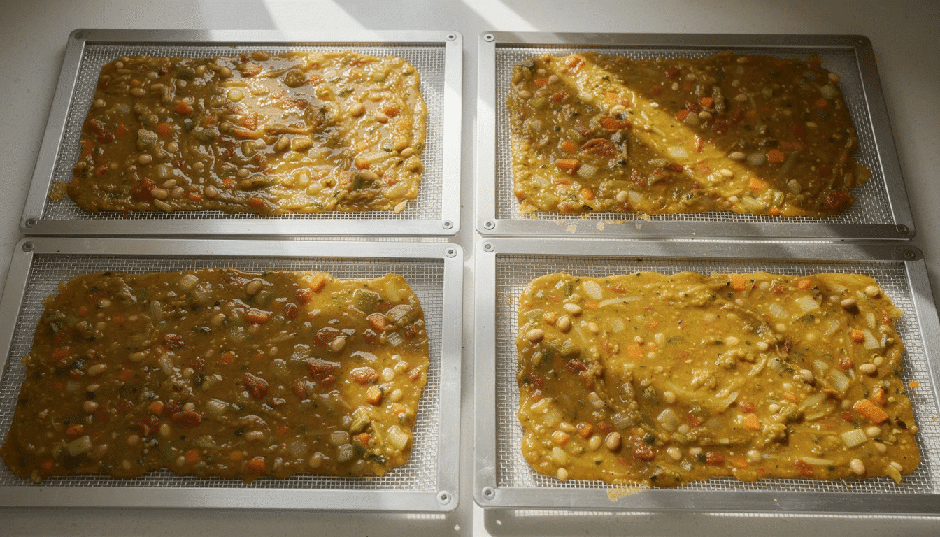 The image shows dehydrator trays filled with a spread of vegetable bean soup, ready for the dehydration process. This nutritious mixture, containing frozen and mixed vegetables, will be transformed into a convenient, tasty dehydrated soup mix ideal for backpacking meals.