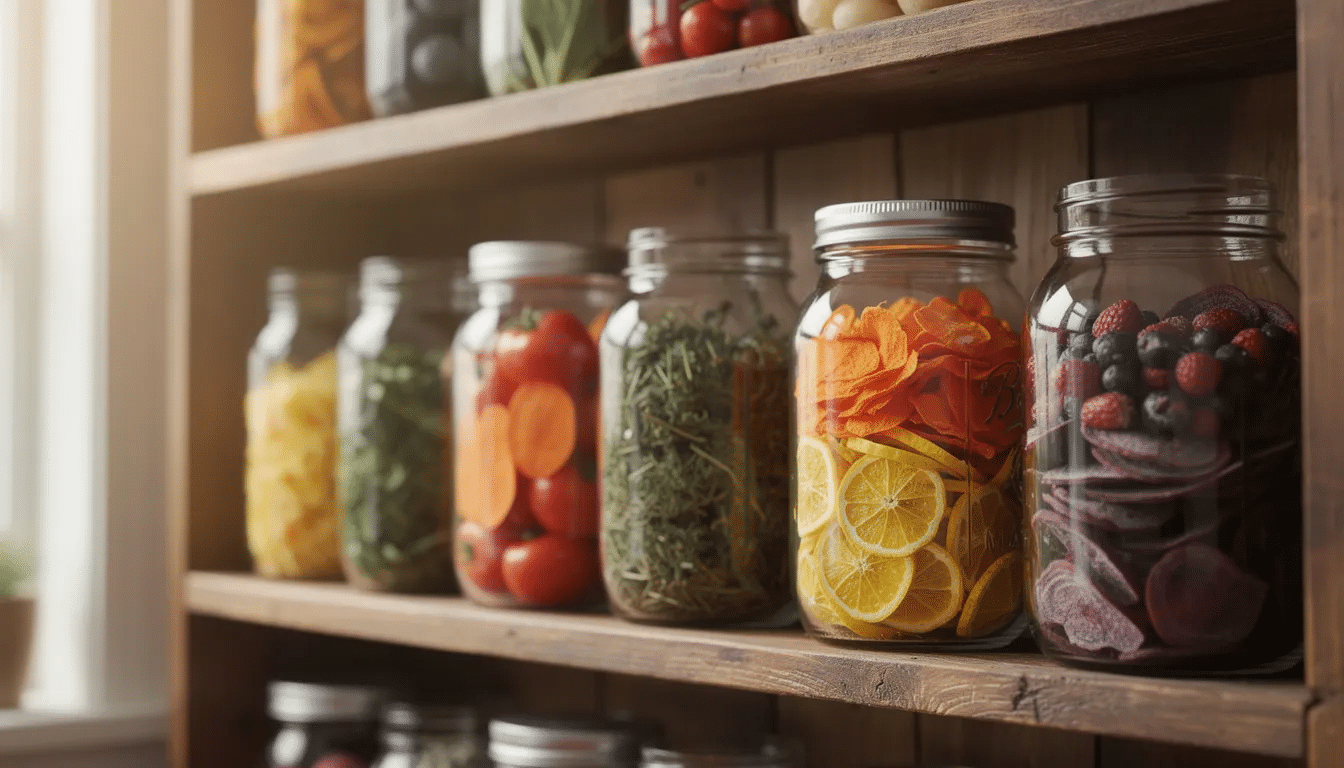 The image features glass mason jars filled with an assortment of colorful dried fruits, vegetables, and herbs, neatly arranged on wooden shelves. This display highlights the beauty of dehydrated food, showcasing a variety of vibrant options perfect for long-term storage and food preservation.