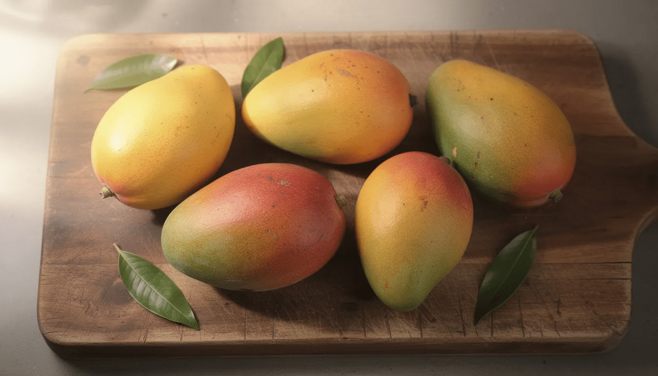 A rustic wooden cutting board showcases several fresh whole mangoes of different varieties, highlighting their vibrant colors and textures. These ripe mangoes, known for their juicy sweetness, are perfect for snacking or can be dehydrated into delicious mango slices for long-term storage.