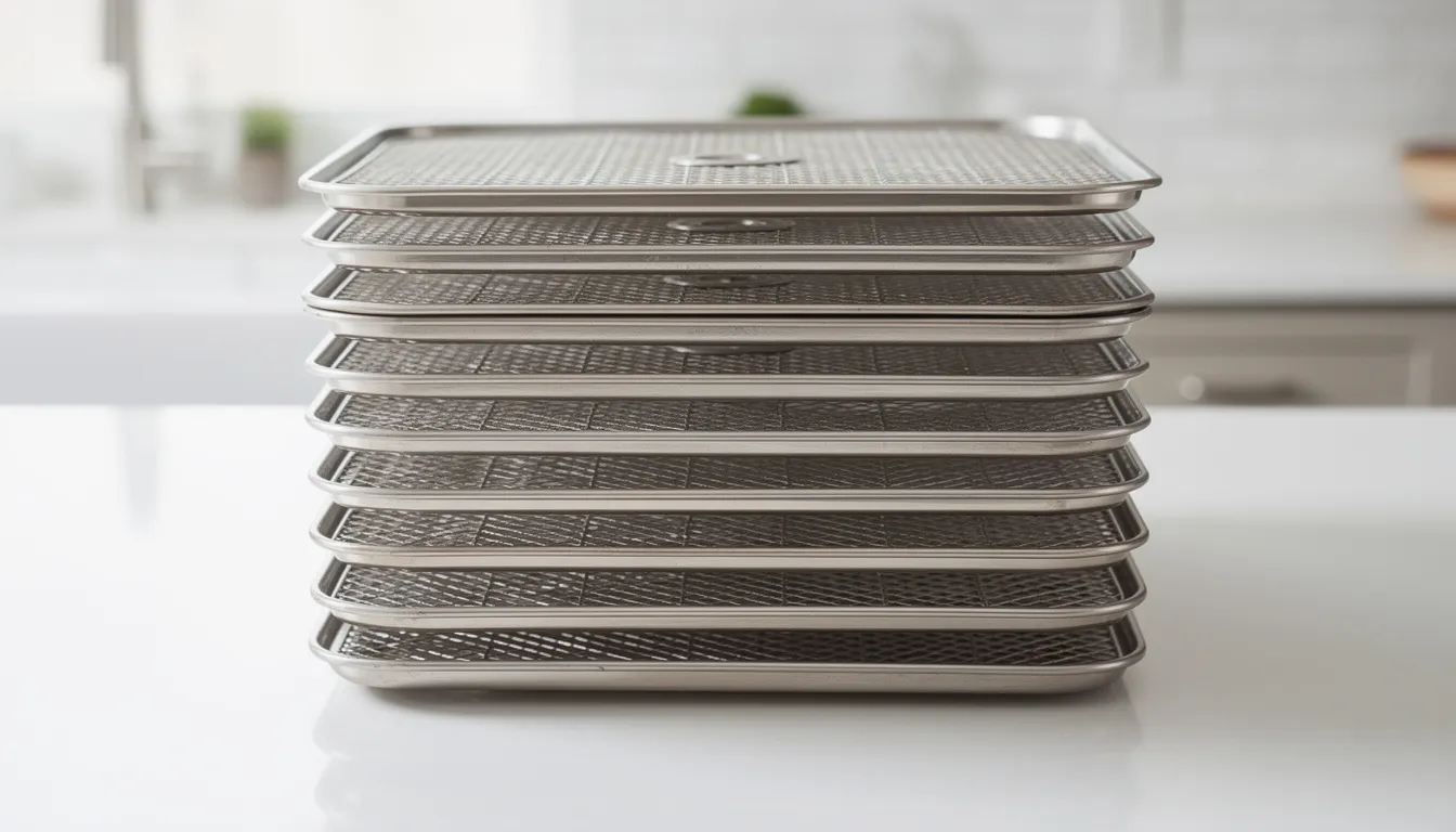 The image shows a series of neatly stacked food grade stainless steel dehydrator trays, ready for use in a food dehydrator. These sturdy trays are designed for drying a variety of foods such as fruits, vegetables, and herbs at different temperatures, ensuring optimal results for users.