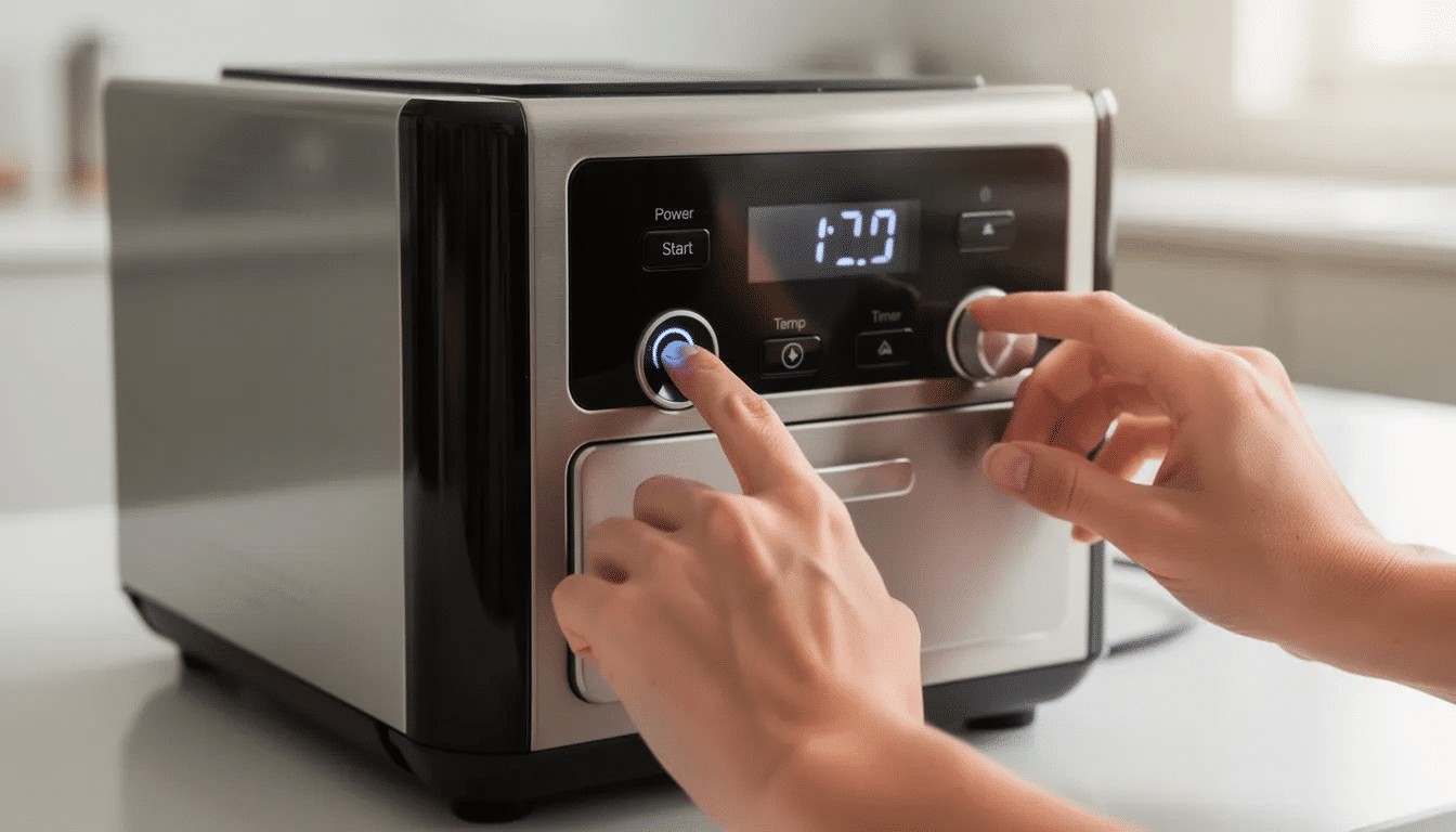 March 4, 2026 | The image shows hands pressing buttons on the control panel of a stainless steel food dehydrator, which features a 5 tray setup. This appliance is designed for in-house chefs to easily operate and follow basic safety precautions while preparing delicious recipes.