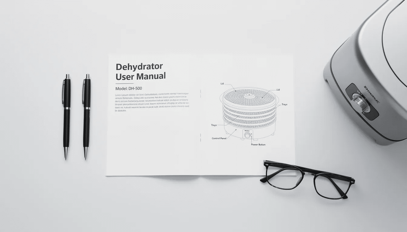 The image shows the cover of a food dehydrator user manual, featuring a detailed description of instructions for making dehydrated foods, along with an illustration of silicone dehydrator sheets included in the guide. The manual is designed to help users effectively utilize their dehydrator for various food items.