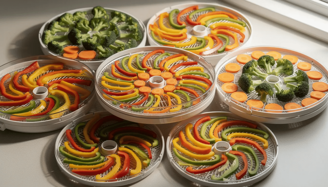 A variety of colorful vegetables, including vibrant broccoli, bright orange carrots, and red and yellow bell peppers, are neatly arranged on dehydrator trays, ready for the process of drying to create dehydrated vegetables. This setup showcases the preparation of fresh produce for long-term storage as dried food.