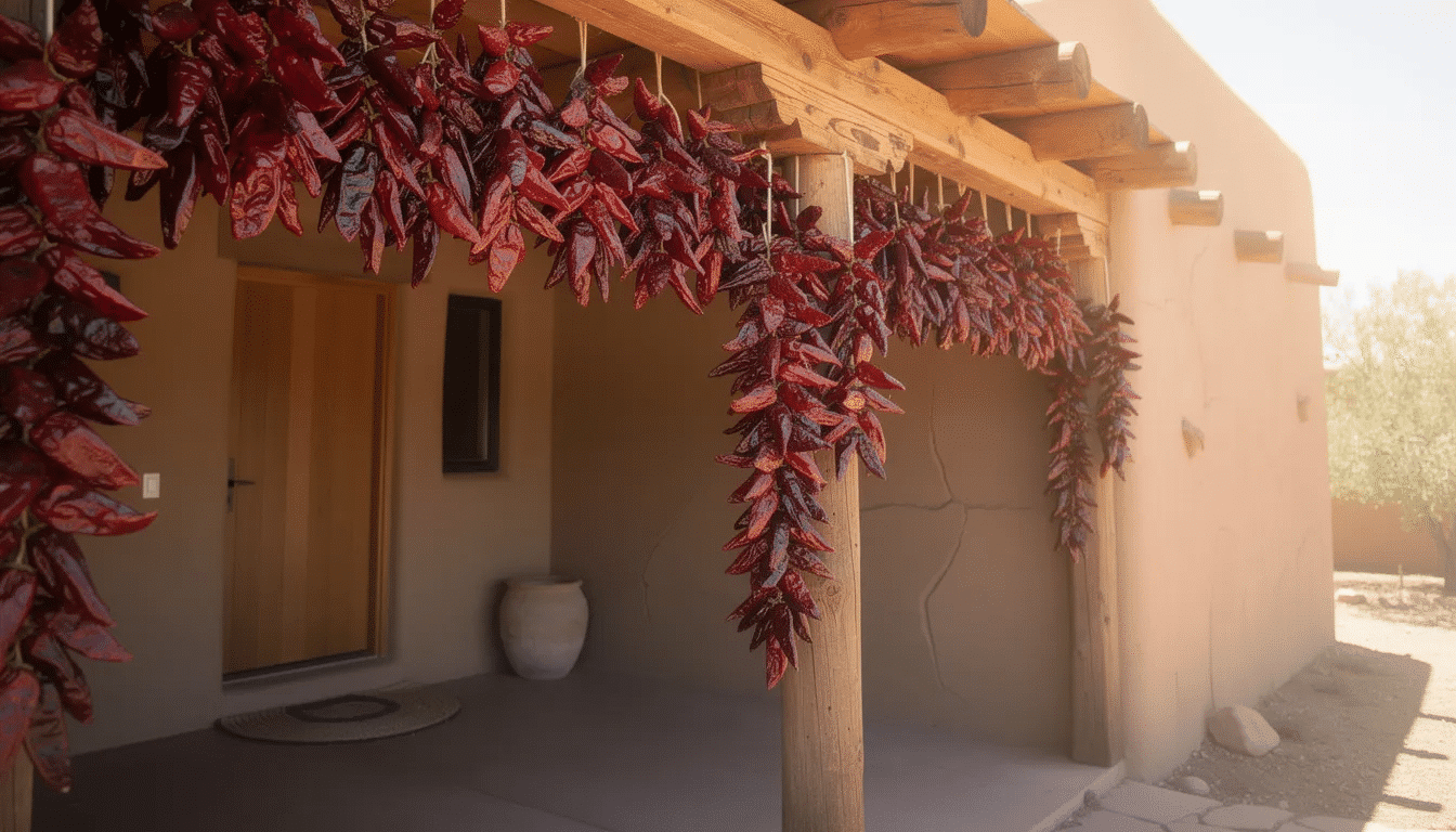The image features traditional red chile ristras, made of dried hot peppers, elegantly hanging from wooden beams on a covered porch, with adobe walls providing a rustic background. This picturesque scene captures the essence of air drying peppers, showcasing the vibrant colors and textures of the chili peppers that will enhance recipes year-round.