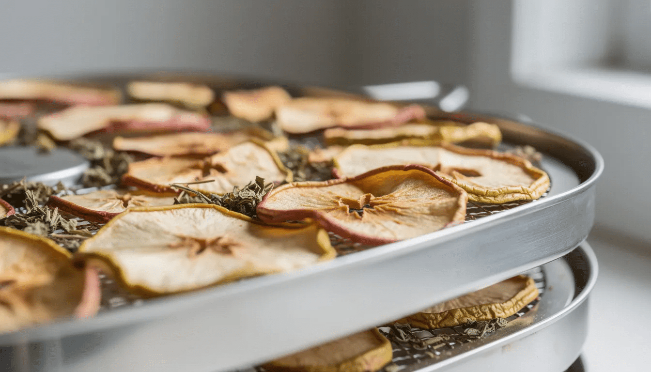 A close-up view of stainless steel dehydrator trays filled with dried apple slices and various herbs showcases the efficient design of a food dehydrator. The gleaming stainless steel trays highlight the process of preserving food, making it easy to store dehydrated snacks for long-term use.