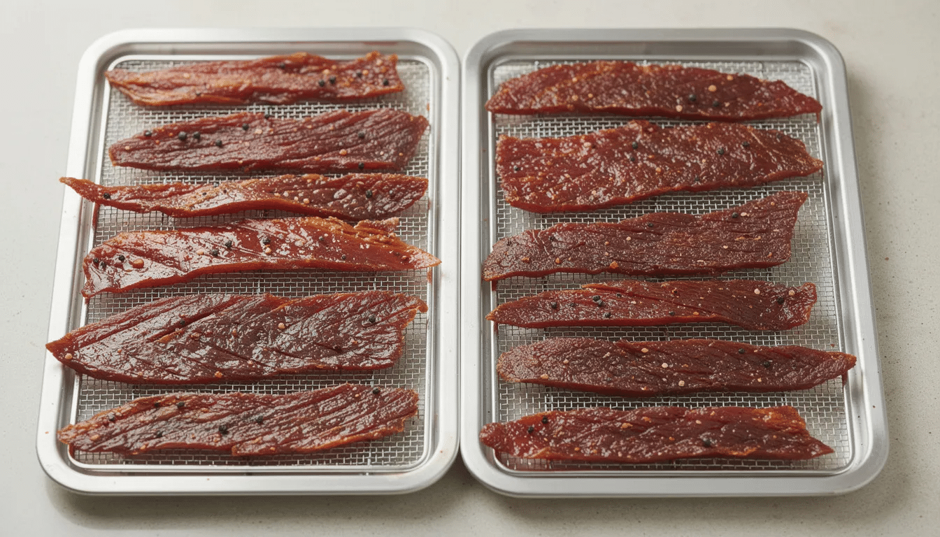 Strips of marinated beef jerky are neatly arranged on six stainless steel trays of a temperature control food dehydrator, ready to be dried using hot air. The setup highlights the efficient use of the electric dehydrator machine, perfect for making jerky and other dehydrated foods.