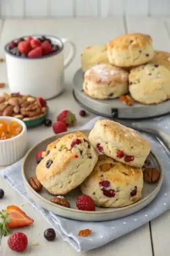 A photo of a rustic breakfast scene with scones, raisins, and dried fruits, accompanied by a bowl of berries and a selection of nuts. The scones are golden brown, with raisins and other dried fruits embedded within. A bowl of fresh berries, a small container of a fruit jam-like substance, and a variety of nuts are also present. The scones are served on a plate on a wooden surface, with some ingredients scattered around. The background is a simple, light-colored wooden table.