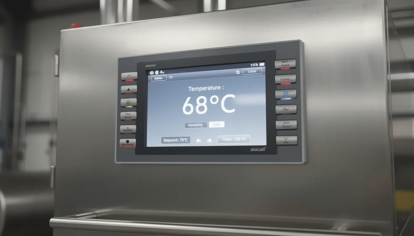 The image features a control panel of an industrial food dehydrator, equipped with a touchscreen display that shows real-time temperature and humidity readings essential for the drying process. This commercial food dehydrator is designed for efficient food preservation, allowing users to dehydrate fruits, vegetables, and meats like beef jerky while ensuring optimal quality and shelf life.
