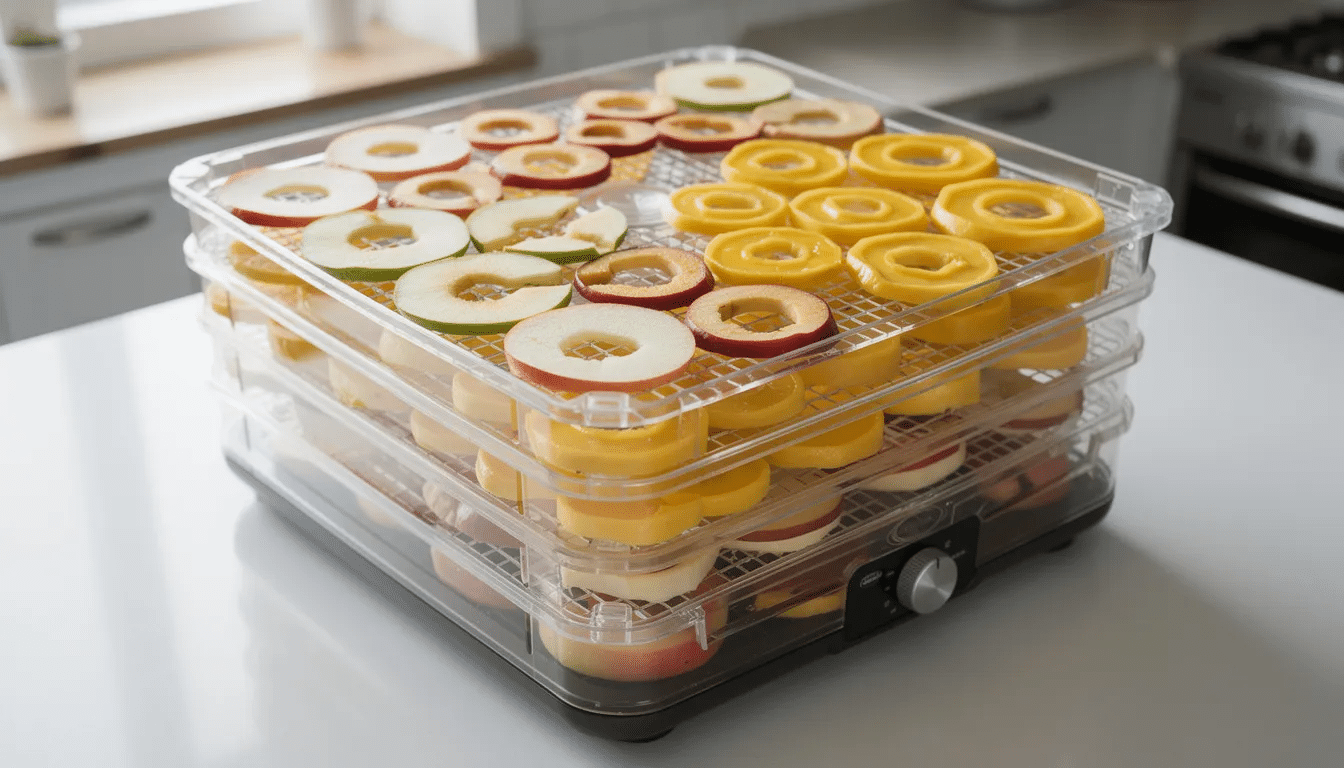 A food dehydrator with multiple trays is filled with vibrant slices of apples and bananas, showcasing the colorful variety of dried fruits. The machine is plugged in and positioned for optimal drying, ready for use in preserving these healthy snacks.
