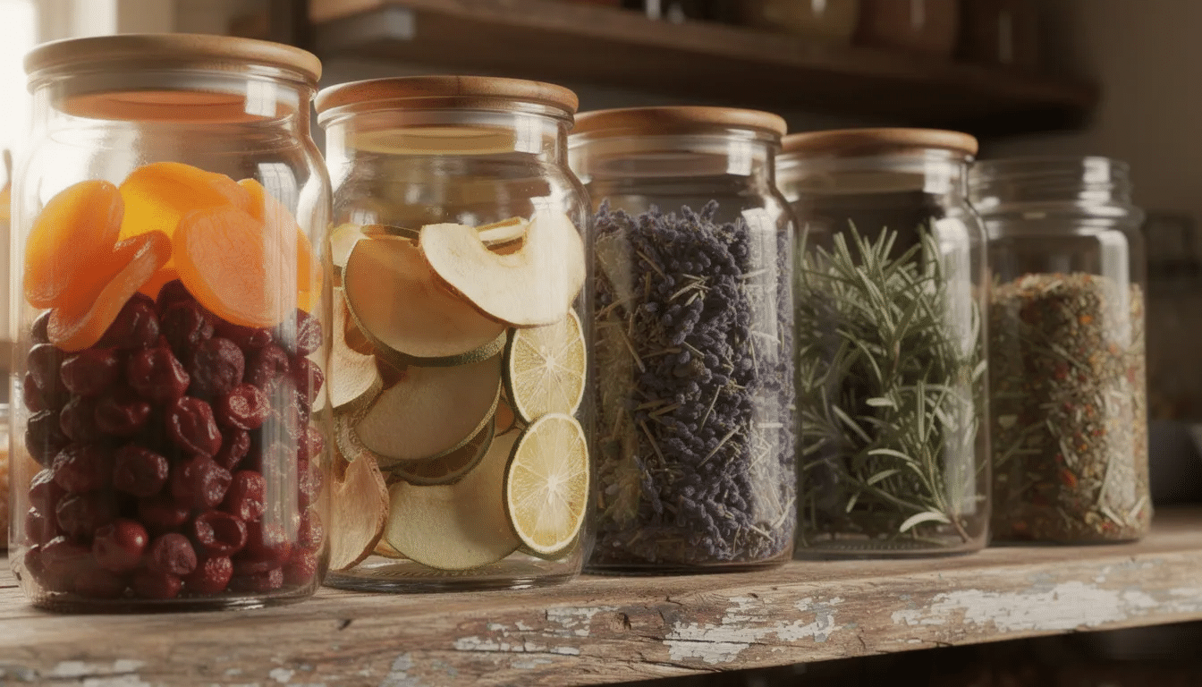The image features a rustic wooden shelf adorned with glass jars filled with an array of colorful dried fruits and herbs, showcasing the beauty of dehydrated foods. The jars highlight the vibrant colors of the preserved items, suggesting a variety of flavors perfect for use in recipes or as healthy snacks.