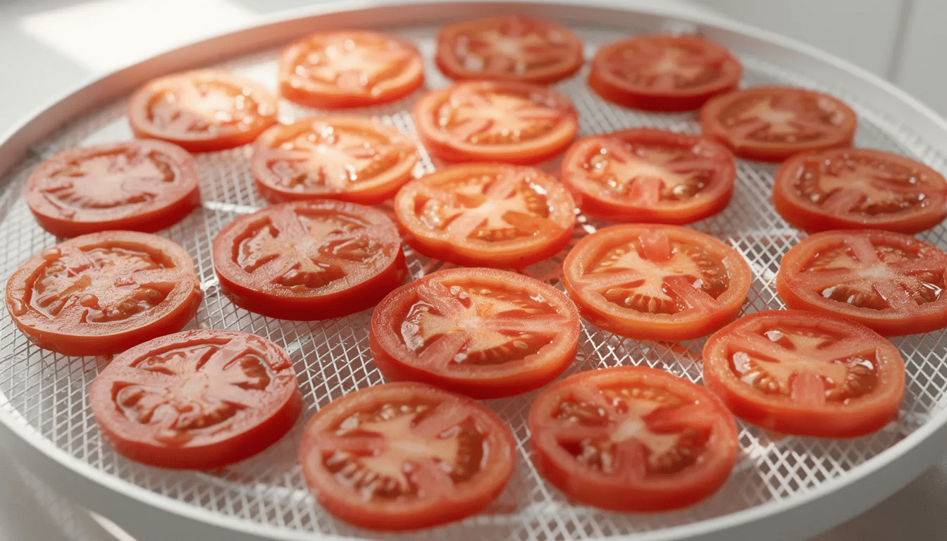 The image shows ripe red tomatoes sliced and arranged neatly on a dehydrator tray with a mesh liner, ready for dehydrating. This process is part of preparing dehydrated vegetables, allowing for long-term storage and use in various dishes.
