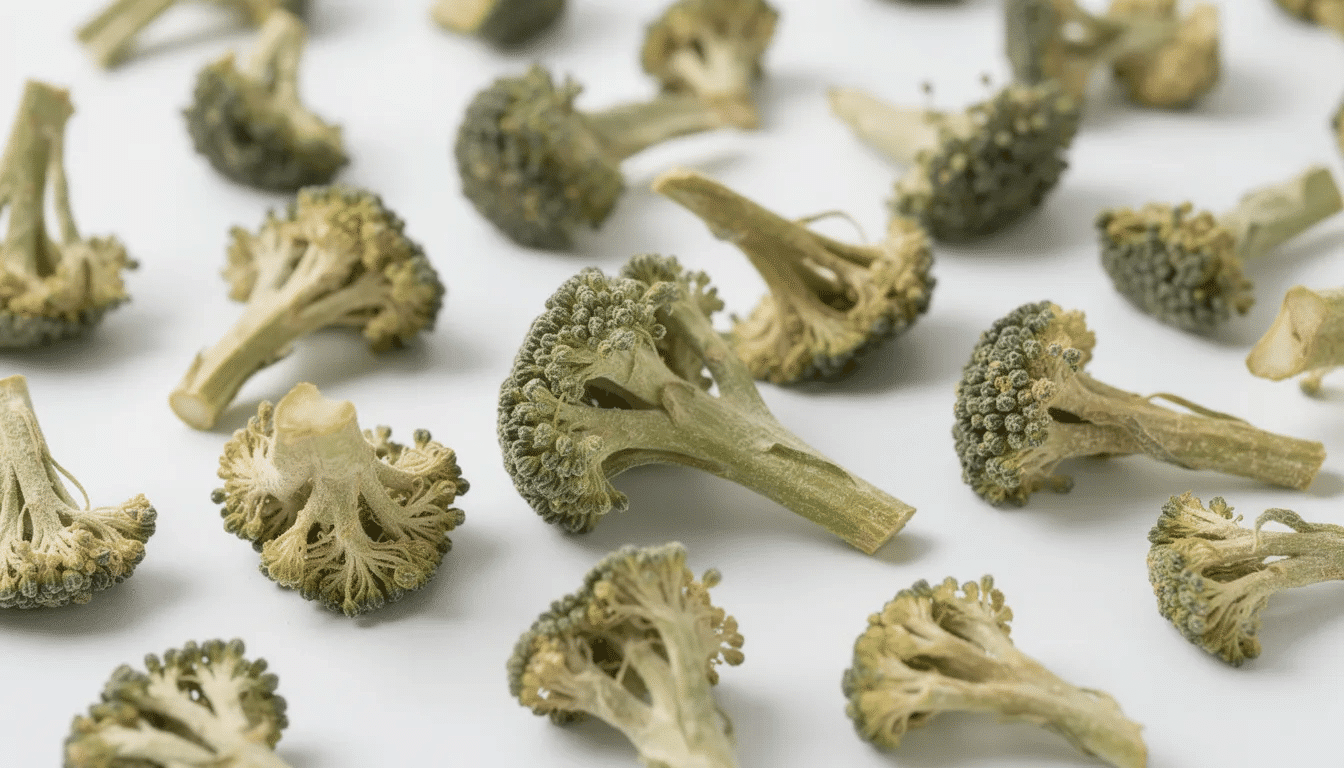 The image shows crispy, light green pieces of dehydrated broccoli, which appear brittle and ready for use in various recipes. These dehydrated broccoli florets can be a great addition to soups or mixed vegetables, offering a nutritious option for meals.