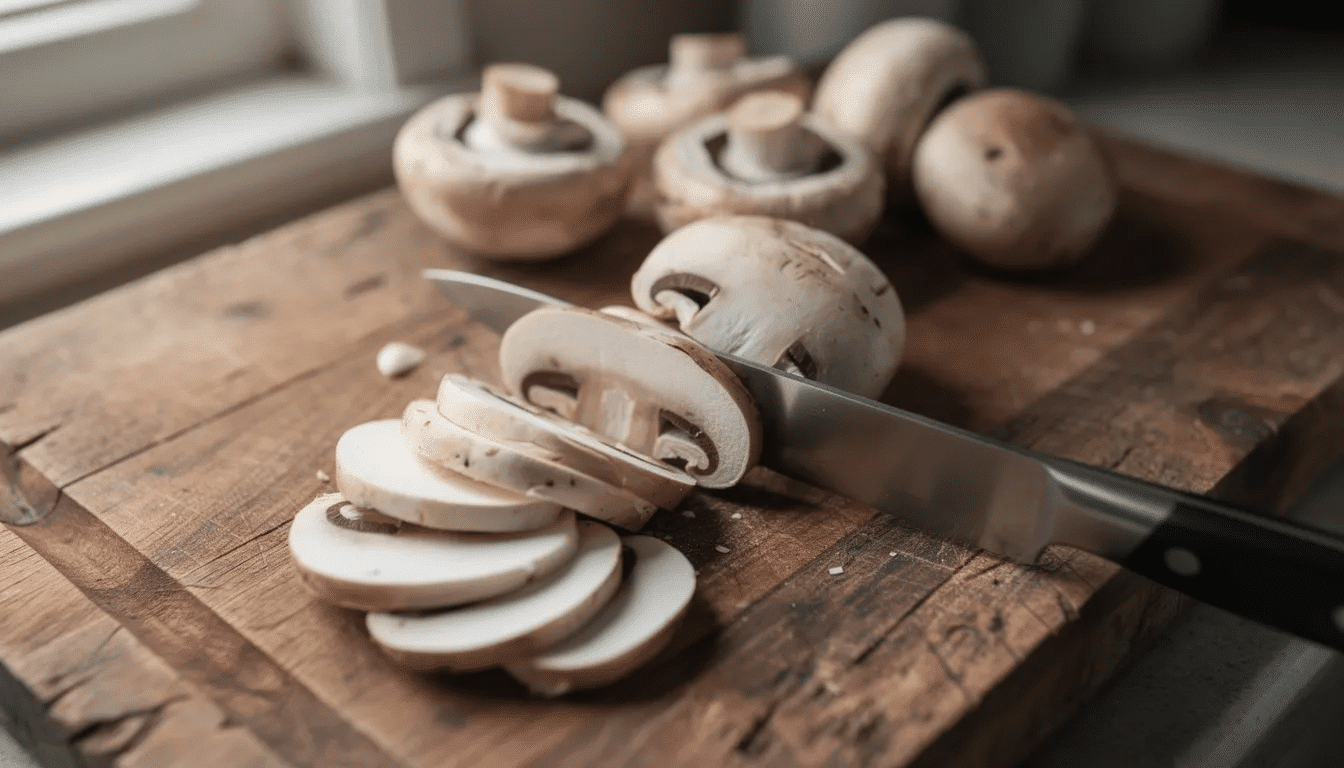 The image shows fresh mushrooms being sliced on a wooden cutting board, highlighting the texture and freshness of the uncooked mushrooms. This preparation is essential for cooking vegetables or for dehydrating mushrooms to enhance flavors in various dishes.