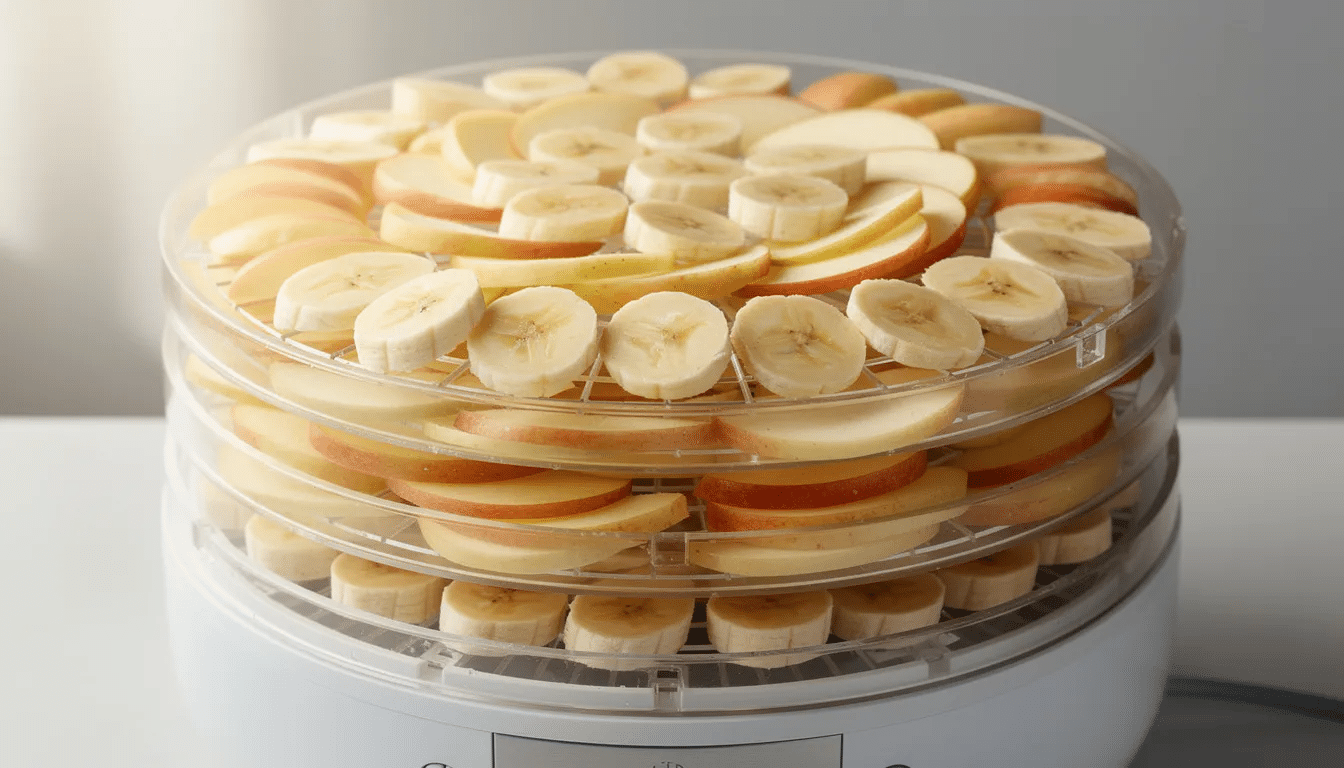 The image shows sliced bananas and apples neatly arranged on stacked dehydrator trays, ready for the dehydration process to create delicious and nutritious dehydrated food. This setup is ideal for preserving the flavor and extending the shelf life of fresh fruit, perfect for storing dehydrated food for outdoor adventures or backpacking meals.