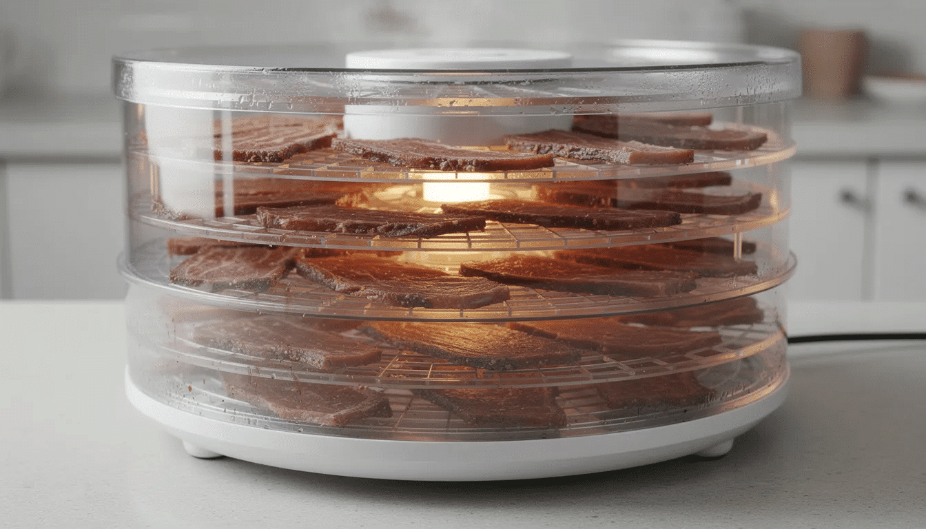 A close-up view of a round Nesco dehydrator featuring multiple trays filled with strips of drying venison jerky, showcasing its efficient design for even heat distribution and drying power. The image highlights the trays, which allow for easy cleanup and rotation, making it ideal for creating a large variety of jerky recipes.