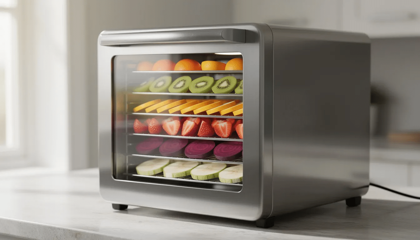 A stainless steel food dehydrator sits on a kitchen counter, filled with multiple trays of vibrant, sliced fruits and vegetables, ready for preserving food and making healthy snacks. The appliance is an essential home tool for drying herbs, vegetables, and even meat like beef jerky, allowing for easy storage and longer shelf life.