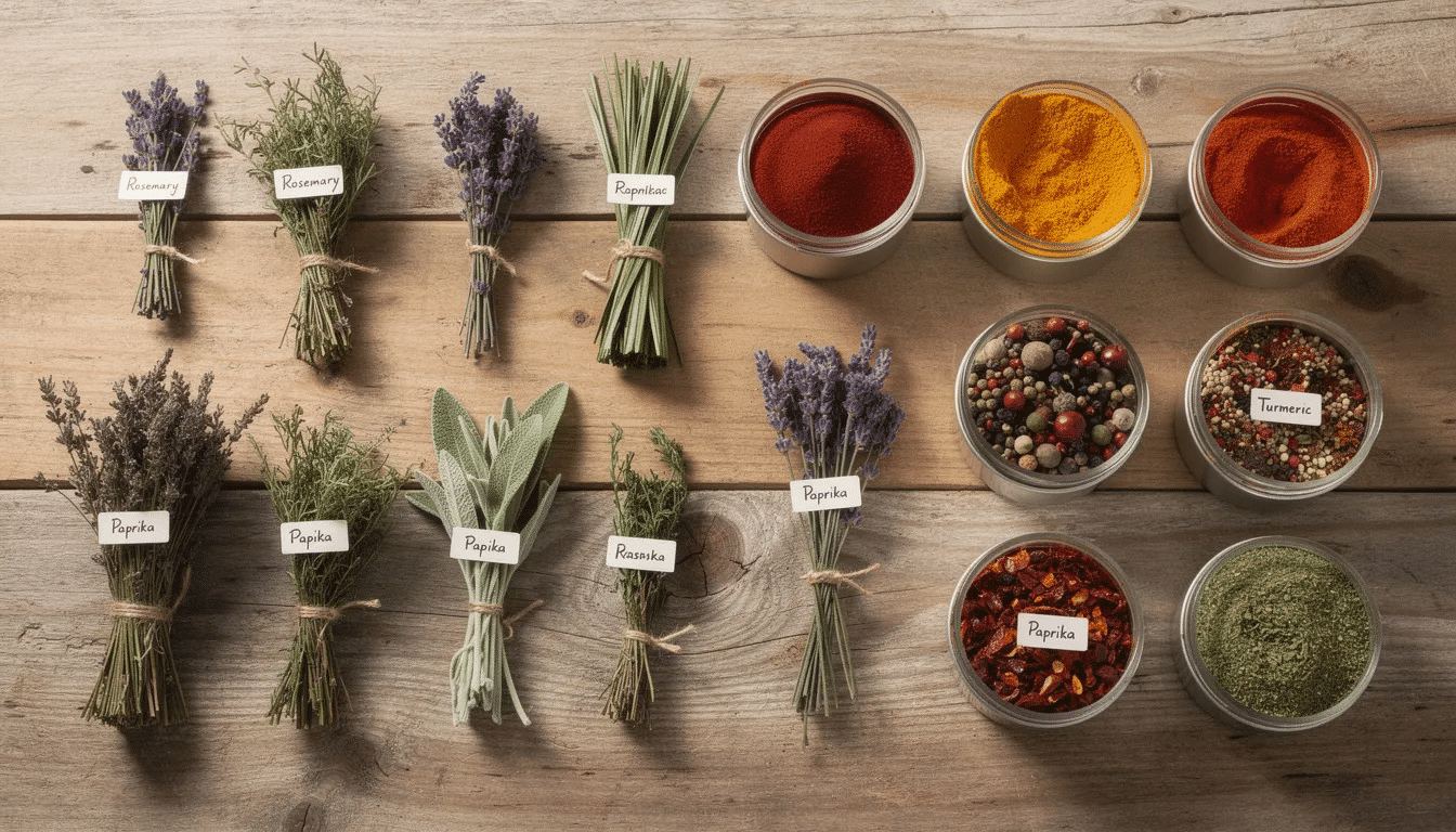 The image features a collection of neatly arranged dried herb bundles alongside various spice containers, showcasing an organized kitchen setup ideal for cooking. This display highlights the use of a food dehydrator, like the Excalibur, which is perfect for preserving the aroma and moisture of herbs, vegetables, and meats.