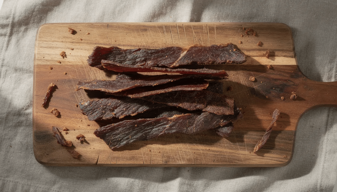 The image features strips of dried jerky artfully arranged on a wooden cutting board, highlighting the savory texture and rich color of the meat. This presentation showcases the results of using a dehydrator, such as the Weston Mossy Oak Gamekeeper 4 Tray model, ideal for crafting delicious jerky at home.