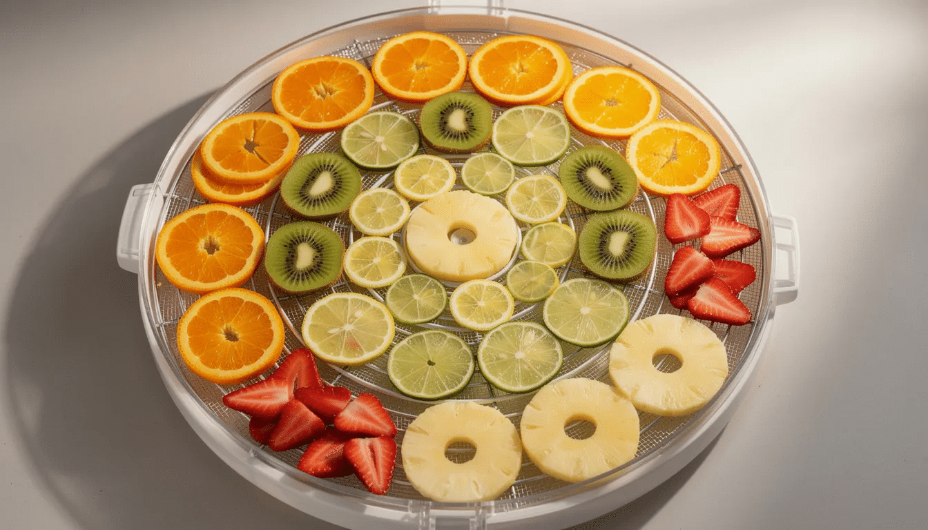 The image features a vibrant arrangement of sliced fruits, including oranges and kiwis, neatly placed on dehydrator trays, showcasing the colorful variety that can be achieved using a Magic Chef dehydrator. This visually appealing setup highlights the joy of healthy snacking and the effectiveness of food preservation.