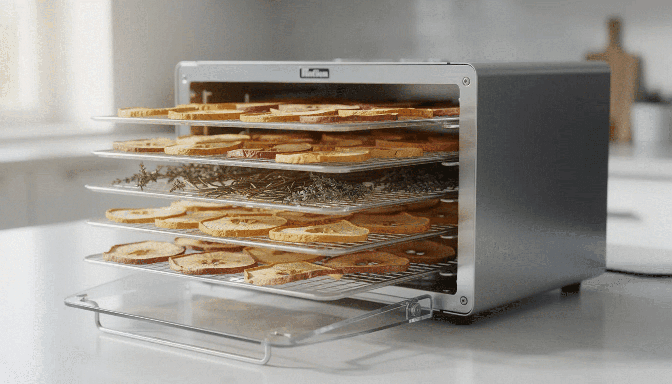 The image features an Excalibur food dehydrator with multiple trays filled with dried apple slices and various herbs, showcasing its ideal temperature control for dehydrating fruits, vegetables, and meats. The aroma of the dried items fills the kitchen, highlighting the versatility of this kitchen appliance for making snacks like jerky at home.