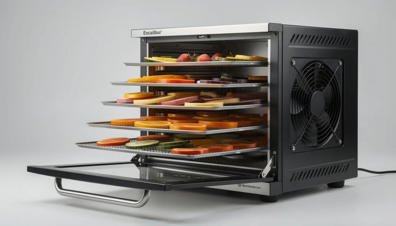 The image shows an Excalibur food dehydrator featuring multiple trays and a rear-mounted fan design, ideal for drying meat and making homemade beef jerky. The dehydrator's efficient airflow ensures even drying, making it perfect for recipes that include marinated beef or vegetables.