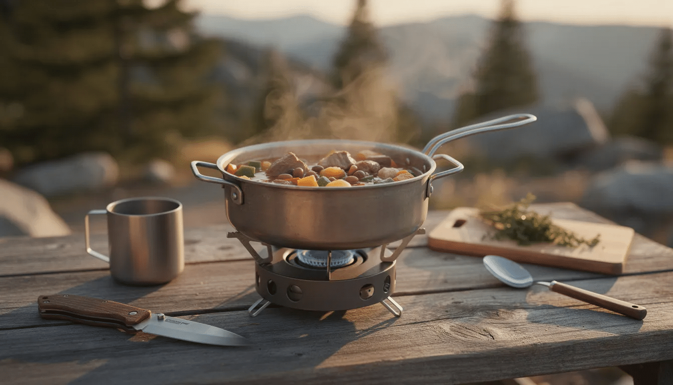 A person is cooking a nutritious one-pot meal over a small camping stove outdoors, utilizing dehydrated food for survival that requires only the addition of hot water. The scene captures the essence of emergency preparedness, showcasing a convenient and delicious way to enjoy meals in outdoor settings.