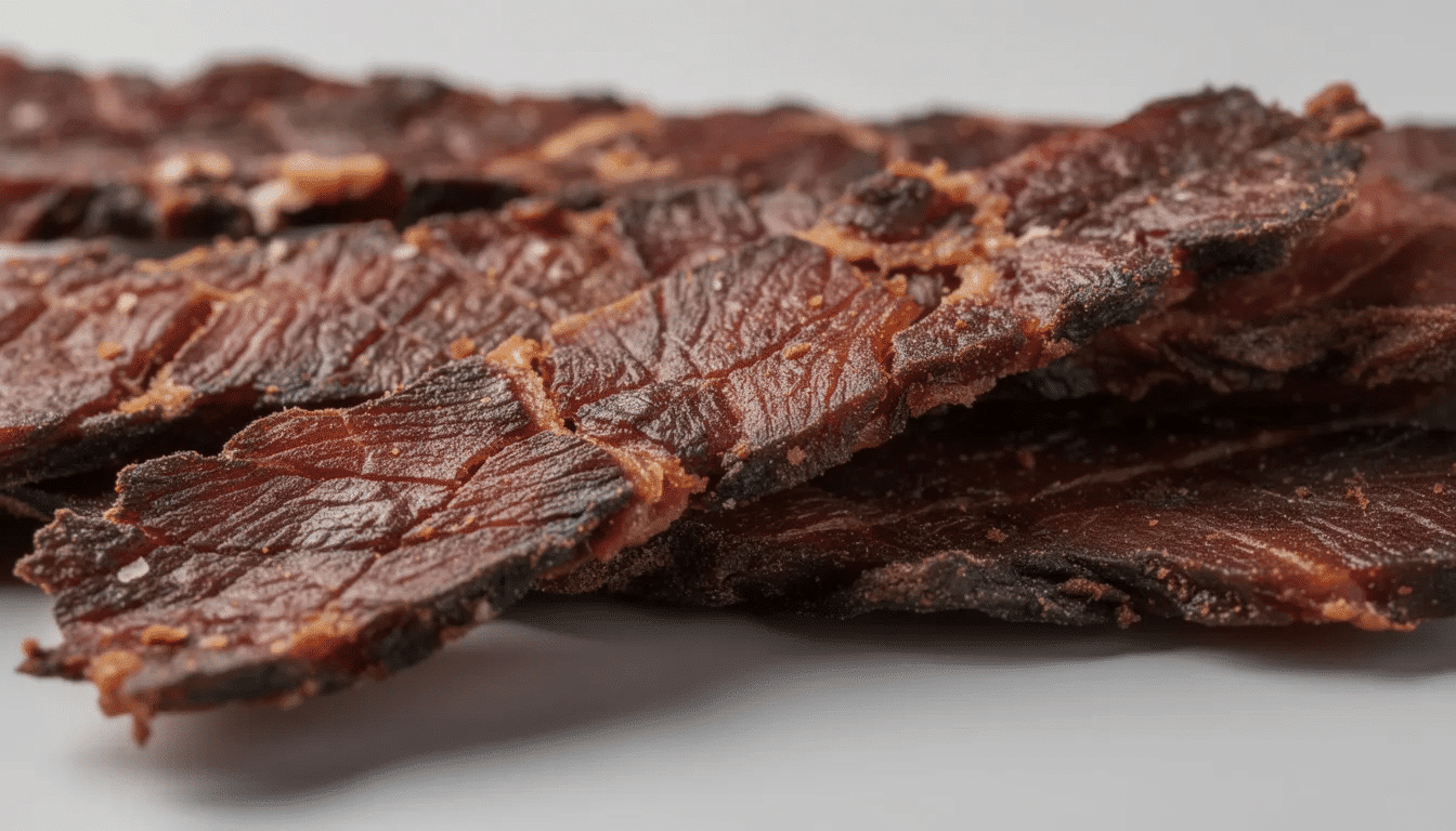 The close-up image showcases finished beef jerky strips, highlighting their characteristic texture and rich color, indicative of the careful process of making jerky. This batch, likely prepared using a dehydrator or electric smoker, displays a fine balance of moisture and chewiness, making it a tasty snack for any jerky lover.