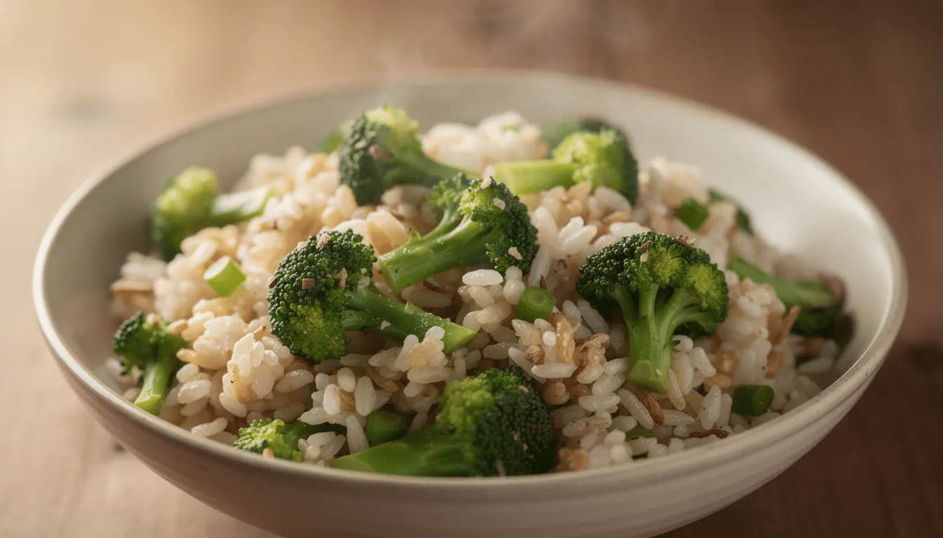 A steaming bowl of rice is topped with rehydrated broccoli florets, showcasing vibrant green pieces mixed in with other vegetables. The dish highlights the convenience of using dehydrated broccoli and frozen veggies for a nutritious meal.