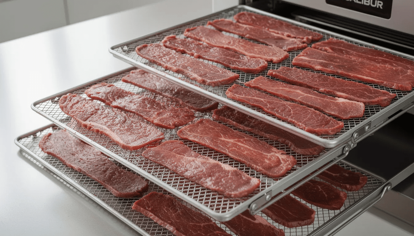 The image shows Excalibur dehydrator trays filled with evenly spaced beef strips, ready for the drying process to create homemade beef jerky. The strips are marinated and prepared for dehydratation, showcasing a great recipe for making flavorful jerky snacks.