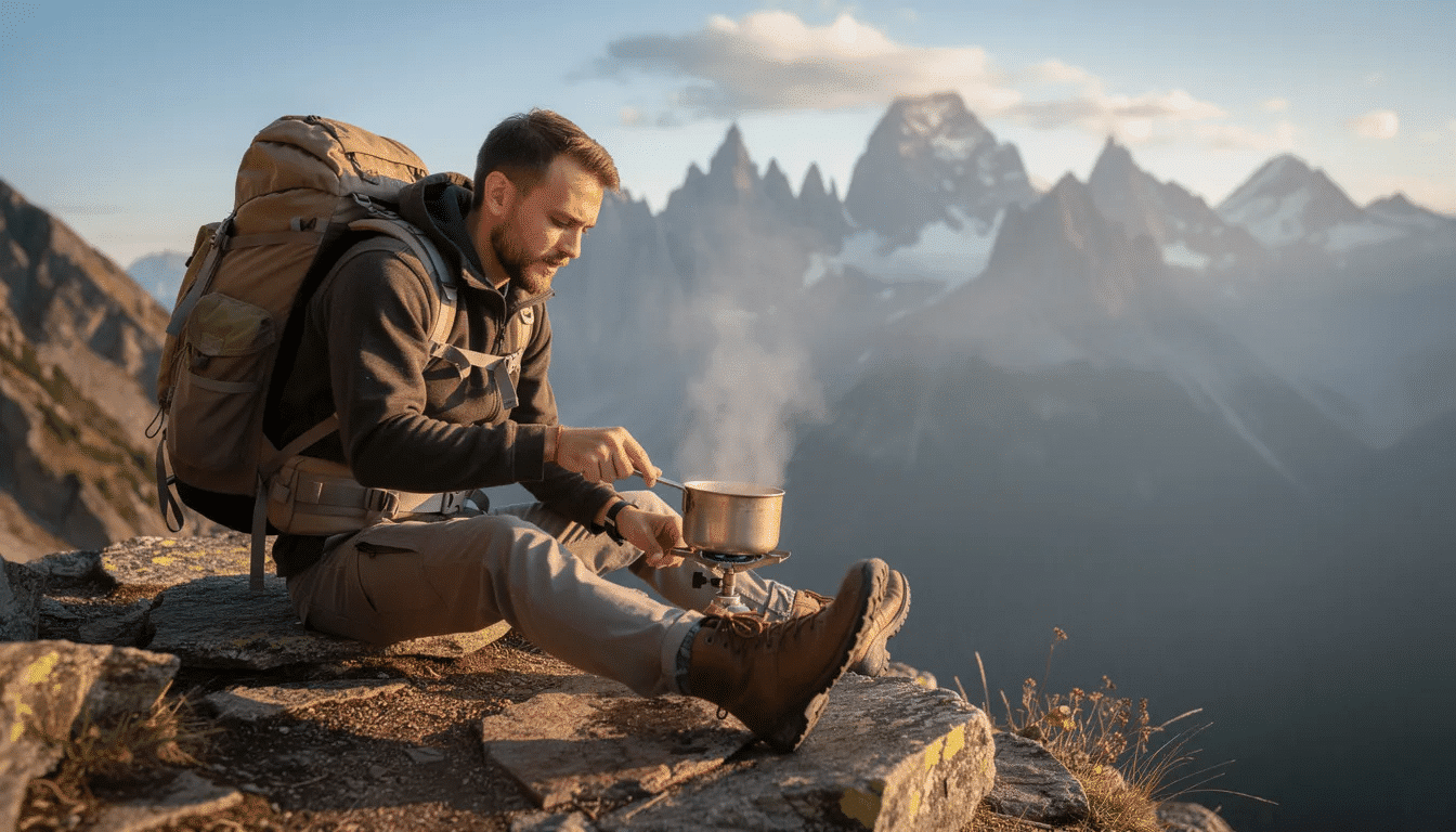 A backpacker sits on a rock, preparing a meal in a small pot with steam rising, set against a stunning mountain backdrop. The scene captures the essence of outdoor cooking, possibly involving grains like jasmine or basmati rice, as they enjoy the tranquility of nature while cooking their backpacking meals.