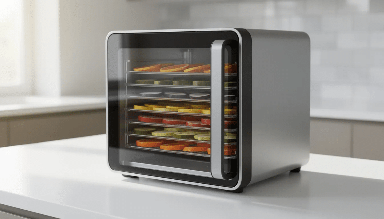 A modern 6 tray digital dehydrator with a clear door is displayed on a clean kitchen counter, showcasing its stacked trays designed for drying various foods such as herbs. The unit features a digital display for setting temperature and time, making it easy to use according to the Weston dehydrator manual.